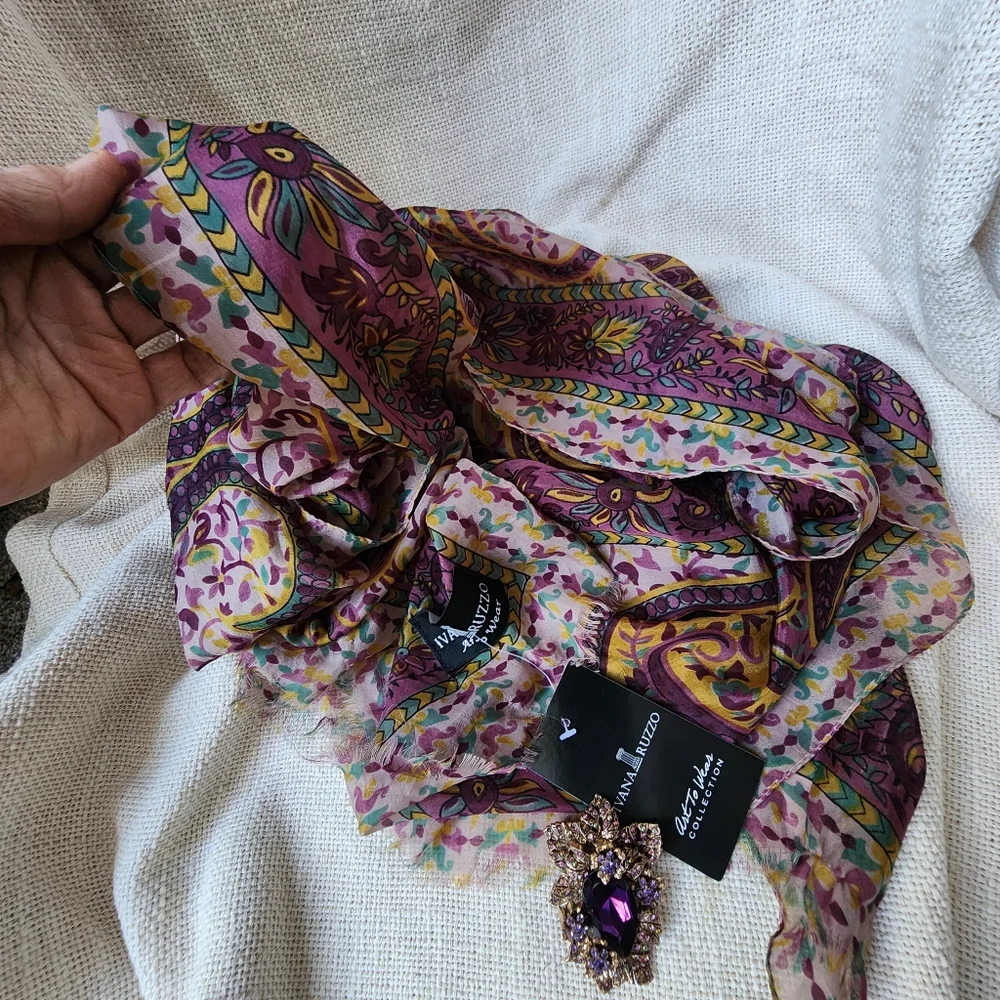 Designer Purple Scarf 100% Soft Silk Paisley Print Violet Gold Brooch